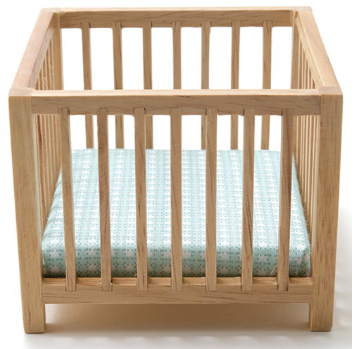 Slatted Play Pen, Oak with Blue Pattern Fabric